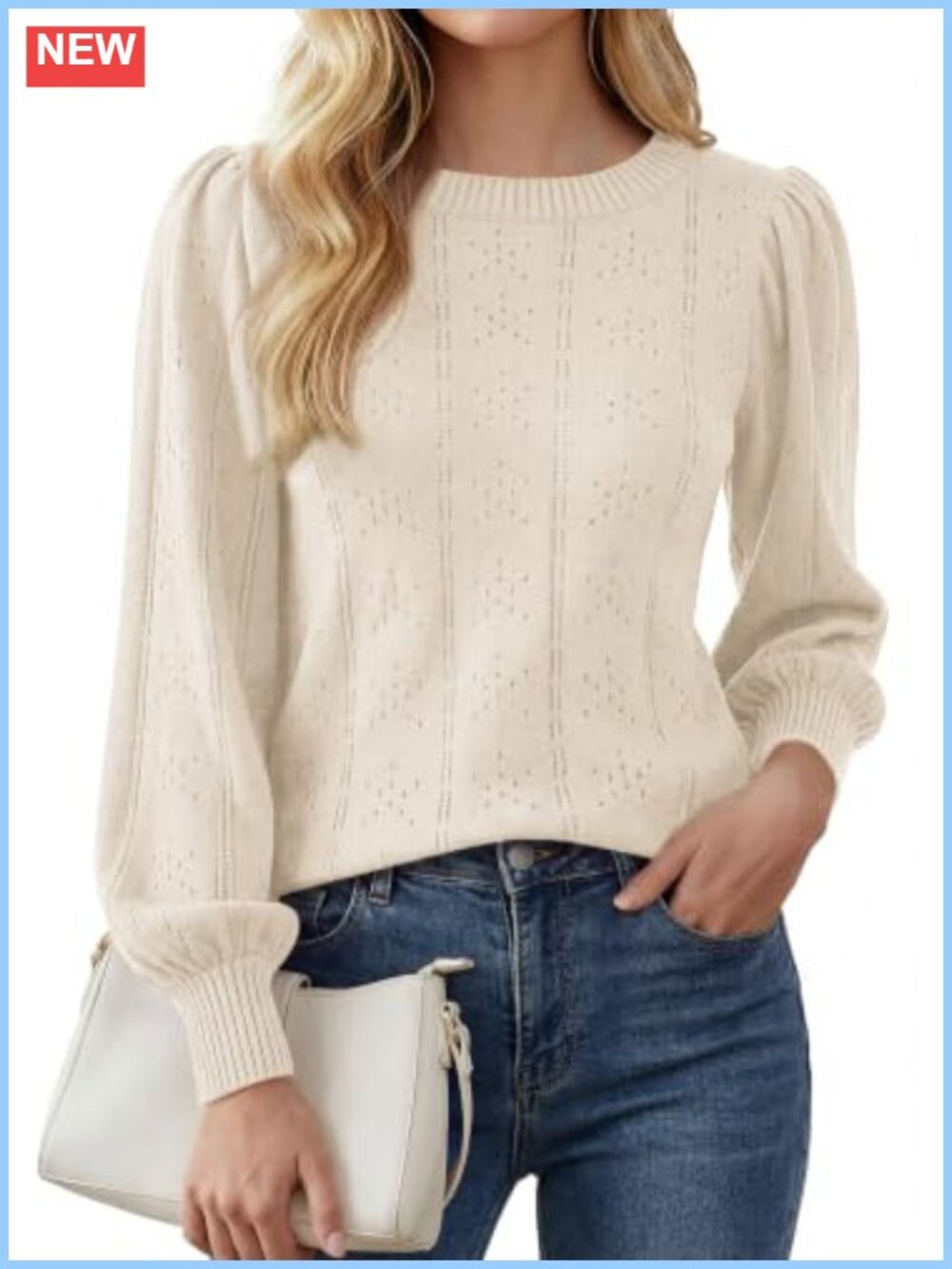 Women's Fall Hollow Out Sweater Puff Long Sleeve Crew Neck Pullover